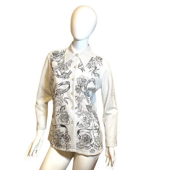 Vintage Graphic Print Lurex Metallic Button Down Shirt Silver Medium - Picture 1 of 14